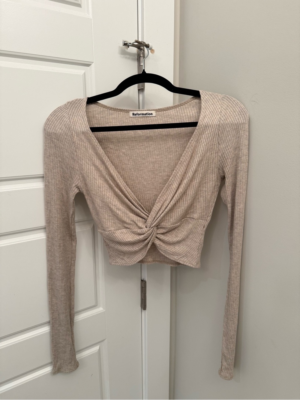 Reformation Beige Twist-Front Ribbed Crop Top